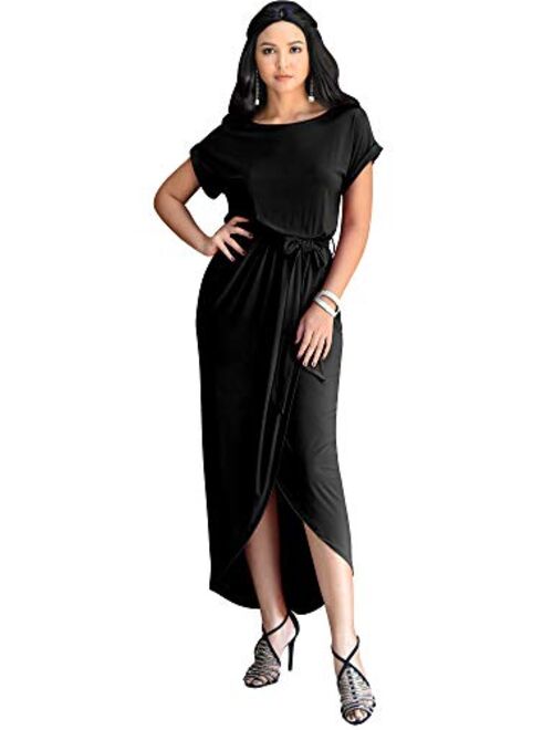 KOH KOH Womens Short Sleeves Round Neck Solid Draped Asymmetrical Maxi Dress