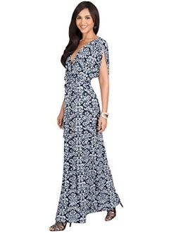 Womens Long V-Neck Short Sleeve Bohemian Print Flowy Cocktail Maxi Dress