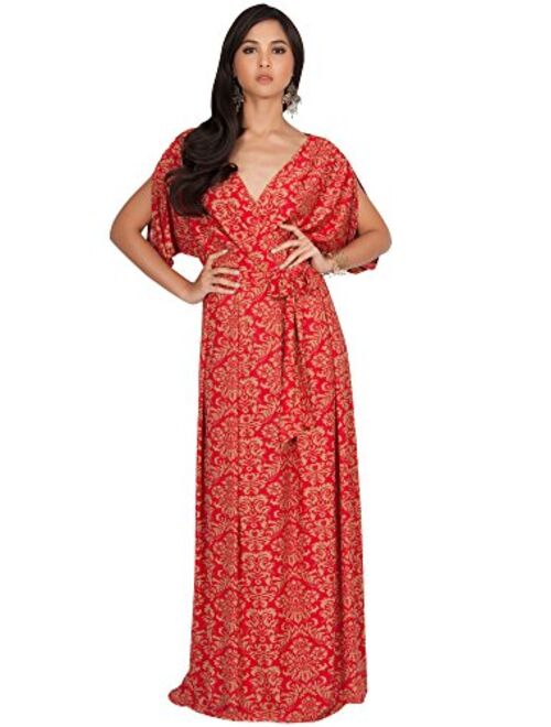 KOH KOH Womens Long V-Neck Short Sleeve Bohemian Print Flowy Cocktail Maxi Dress