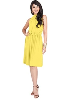 Womens Sleeveless Halter Neck Flowy Work Knee Length Day Sexy Midi Dress