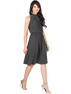 Womens Sleeveless Halter Neck Flowy Work Knee Length Day Sexy Midi Dress