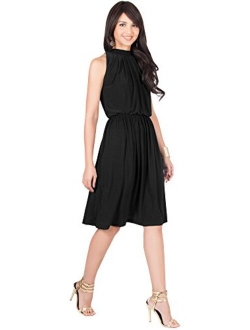 Womens Sleeveless Halter Neck Flowy Work Knee Length Day Sexy Midi Dress