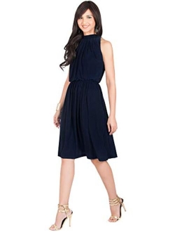 Womens Sleeveless Halter Neck Flowy Work Knee Length Day Sexy Midi Dress