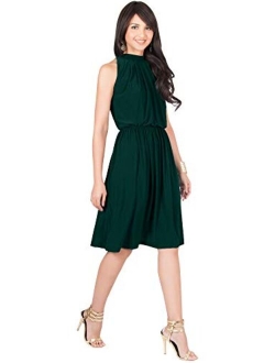 Womens Sleeveless Halter Neck Flowy Work Knee Length Day Sexy Midi Dress