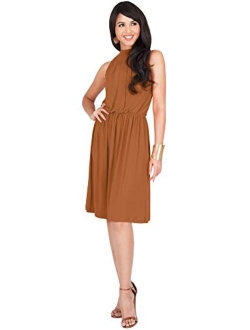 Womens Sleeveless Halter Neck Flowy Work Knee Length Day Sexy Midi Dress