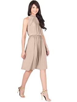 Womens Sleeveless Halter Neck Flowy Work Knee Length Day Sexy Midi Dress