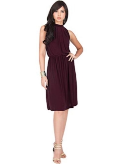 Womens Sleeveless Halter Neck Flowy Work Knee Length Day Sexy Midi Dress