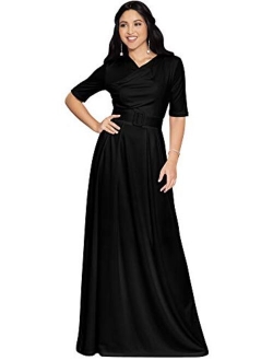 Womens Half Sleeve Elegant Evening Long Maxi Dress with Belt