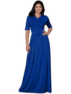 Womens Half Sleeve Elegant Evening Long Maxi Dress with Belt