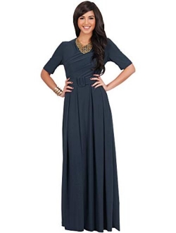 Womens Half Sleeve Elegant Evening Long Maxi Dress with Belt