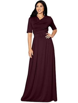 Womens Half Sleeve Elegant Evening Long Maxi Dress with Belt