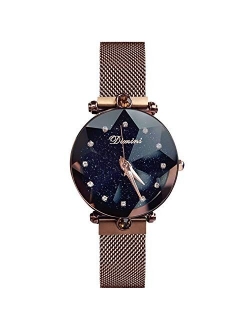 Fashion Women Wristwatch Shining Starry Sky Dial Mesh Band Buckle Easily Use Simulated Diamond Ladies Watches