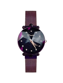 Fashion Women Wristwatch Shining Starry Sky Dial Mesh Band Buckle Easily Use Simulated Diamond Ladies Watches