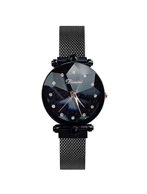 RORIOS Fashion Women Wristwatch Shining Starry Sky Dial Mesh Band Buckle Easily Use Simulated Diamond Ladies Watches