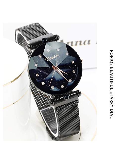 RORIOS Fashion Women Wristwatch Shining Starry Sky Dial Mesh Band Buckle Easily Use Simulated Diamond Ladies Watches