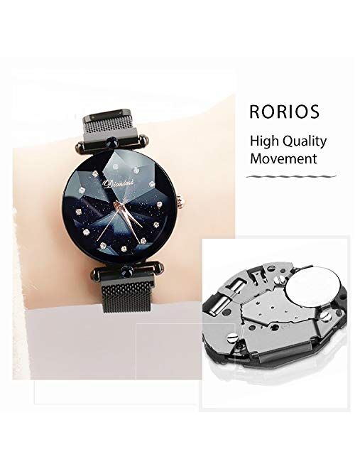 RORIOS Fashion Women Wristwatch Shining Starry Sky Dial Mesh Band Buckle Easily Use Simulated Diamond Ladies Watches