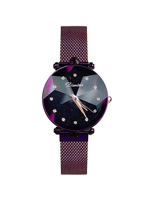 RORIOS Fashion Women Wristwatch Shining Starry Sky Dial Mesh Band Buckle Easily Use Simulated Diamond Ladies Watches