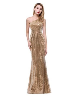 karever Women Sequined Long Bridesmaid Dresses One Shoulder Pleat Sequins Wedding Party Gown