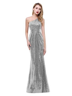 karever Women Sequined Long Bridesmaid Dresses One Shoulder Pleat Sequins Wedding Party Gown