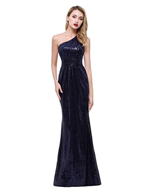 karever Women Sequined Long Bridesmaid Dresses One Shoulder Pleat Sequins Wedding Party Gown