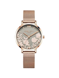 Women Watch Beautiful Flower Dial Stainless Steel Mesh Strap Analogue Quartz Wristwatch Ladies Watch Female Watch Wrist Watch