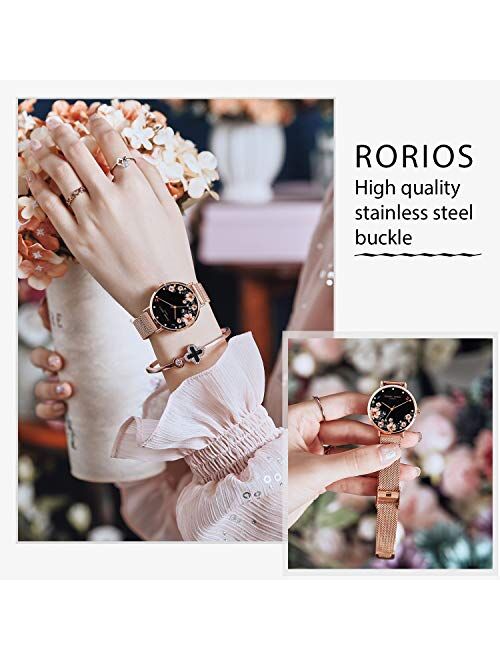 RORIOS Women Watch Beautiful Flower Dial Stainless Steel Mesh Strap Analogue Quartz Wristwatch Ladies Watch Female Watch Wrist Watch