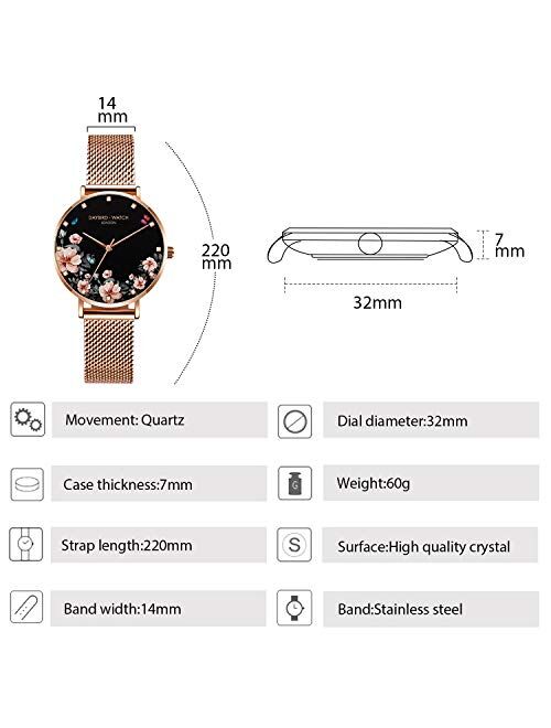 RORIOS Women Watch Beautiful Flower Dial Stainless Steel Mesh Strap Analogue Quartz Wristwatch Ladies Watch Female Watch Wrist Watch