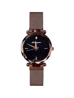 Ladies Watches Shining Starry Sky Dial Mesh Band Buckle Easily Use Simulated Diamond Women Wristwatches