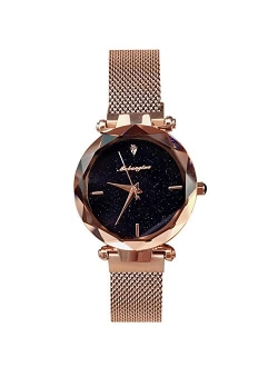 Ladies Watches Shining Starry Sky Dial Mesh Band Buckle Easily Use Simulated Diamond Women Wristwatches