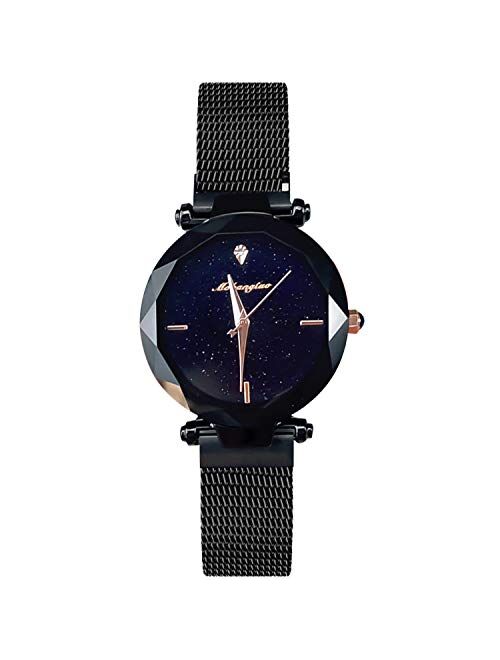 RORIOS Ladies Watches Shining Starry Sky Dial Mesh Band Buckle Easily Use Simulated Diamond Women Wristwatches