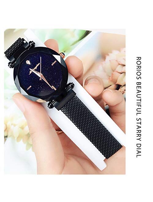 RORIOS Ladies Watches Shining Starry Sky Dial Mesh Band Buckle Easily Use Simulated Diamond Women Wristwatches