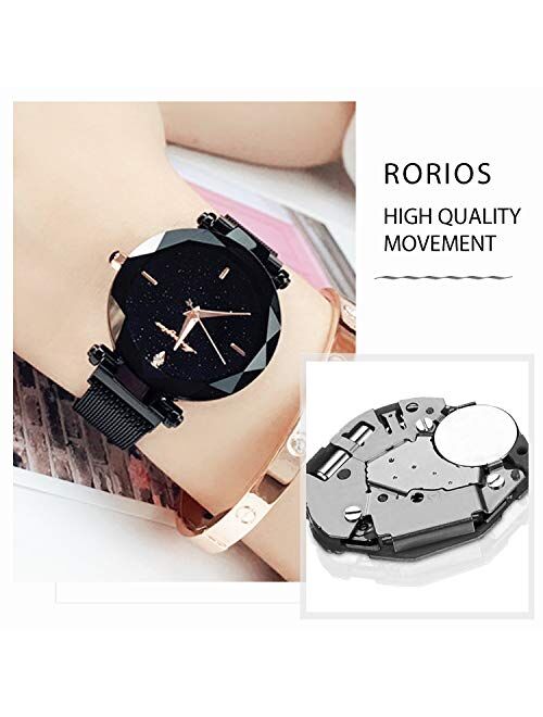 RORIOS Ladies Watches Shining Starry Sky Dial Mesh Band Buckle Easily Use Simulated Diamond Women Wristwatches