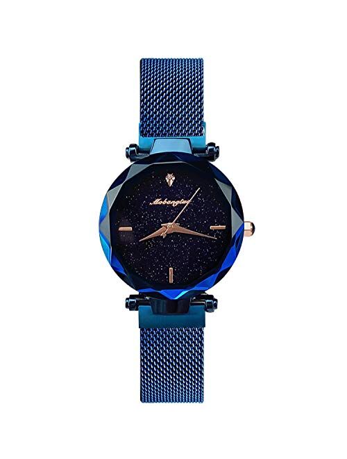 RORIOS Ladies Watches Shining Starry Sky Dial Mesh Band Buckle Easily Use Simulated Diamond Women Wristwatches