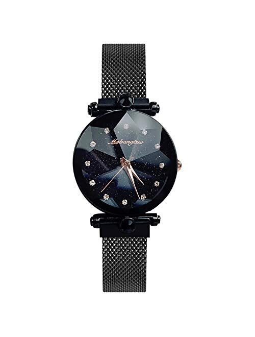 RORIOS Fashion Ladies Watches Mesh Band Starry Sky Dial Analogue Quartz Simulated Diamond Wrist Watches