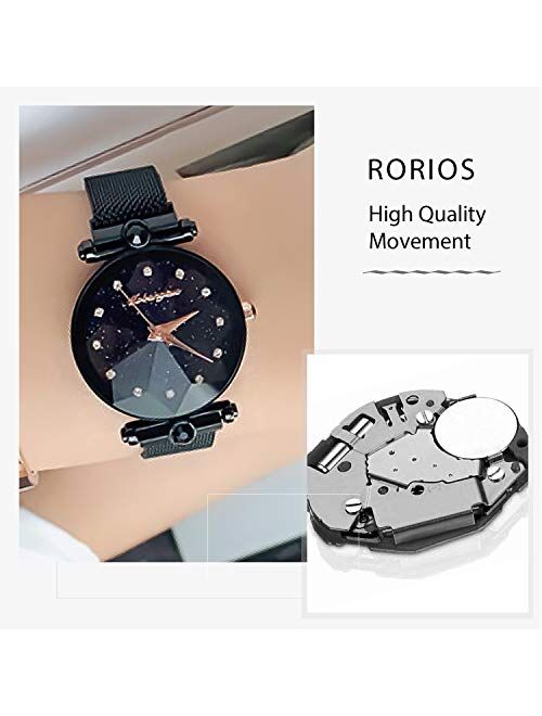 RORIOS Fashion Ladies Watches Mesh Band Starry Sky Dial Analogue Quartz Simulated Diamond Wrist Watches