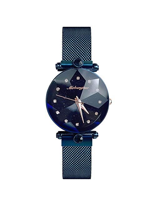 RORIOS Fashion Ladies Watches Mesh Band Starry Sky Dial Analogue Quartz Simulated Diamond Wrist Watches