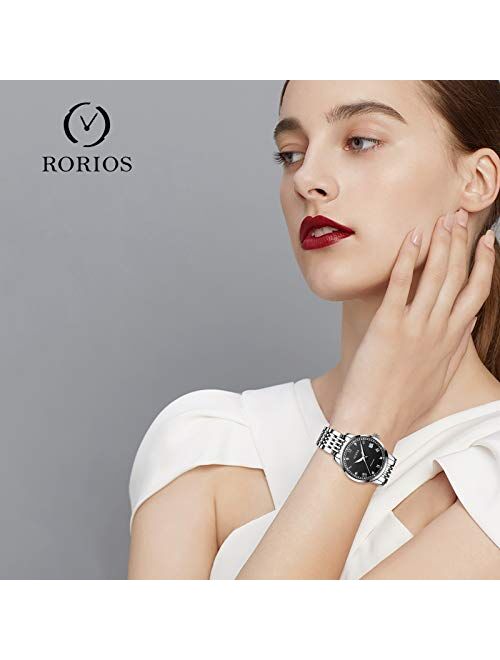 RORIOS Women's Automatic Watch Self-Wind Auto Mechanical Watch with Stainless Steel Band Calendar Fashion Women Watch Luminous Wristwatch for Ladies