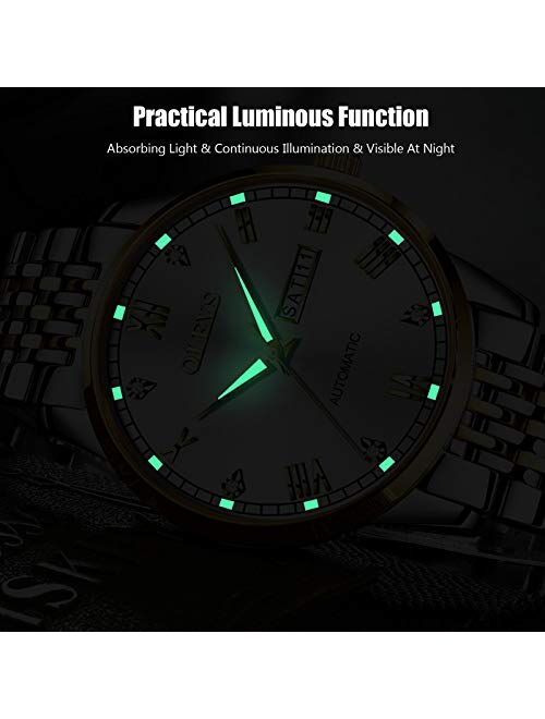 RORIOS Women's Automatic Watch Self-Wind Auto Mechanical Watch with Stainless Steel Band Calendar Fashion Women Watch Luminous Wristwatch for Ladies