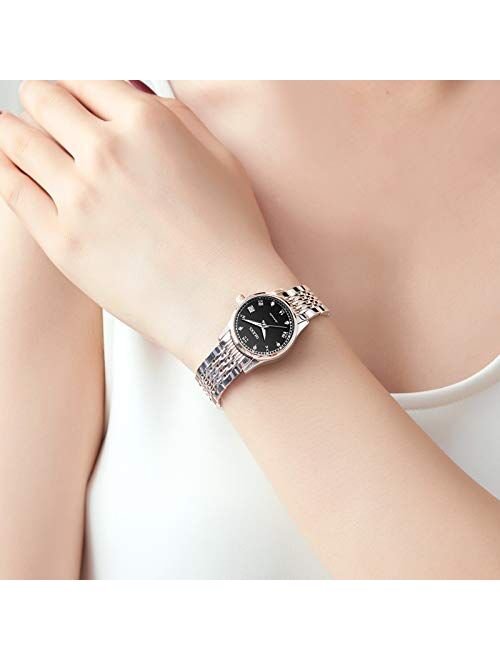 RORIOS Women's Automatic Watch Self-Wind Auto Mechanical Watch with Stainless Steel Band Calendar Fashion Women Watch Luminous Wristwatch for Ladies