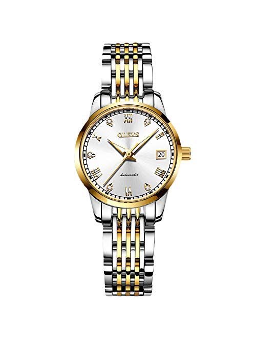 RORIOS Women's Automatic Watch Self-Wind Auto Mechanical Watch with Stainless Steel Band Calendar Fashion Women Watch Luminous Wristwatch for Ladies