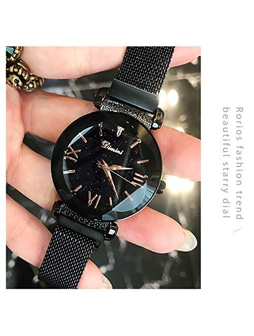 RORIOS Fashion Ladies Watch Mesh Band Starry Sky Dial Analogue Quartz Wrist Watch for Women