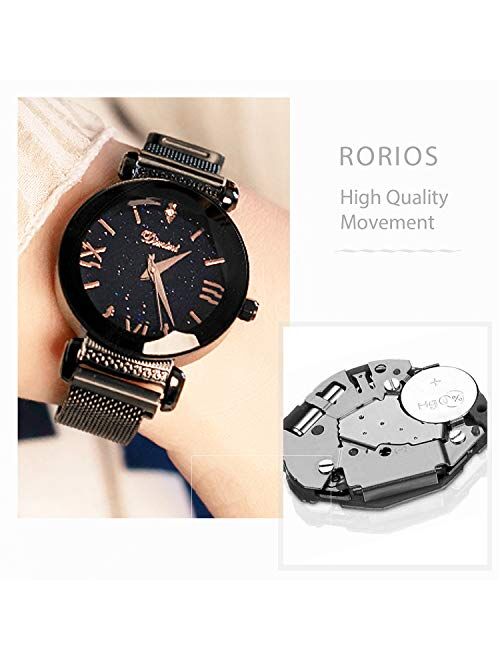 RORIOS Fashion Ladies Watch Mesh Band Starry Sky Dial Analogue Quartz Wrist Watch for Women