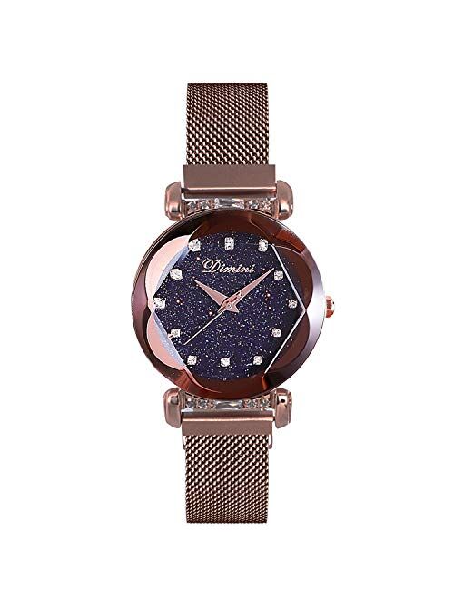 RORIOS Fashion Ladies Watch Mesh Band Starry Sky Dial Analogue Quartz Wrist Watch for Women