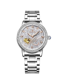 Women Automatic Mechanical Watch Shining Starry Sky Luminous Simulated Diamond Dial Stainless Steel Strap Ladies Wristwatches