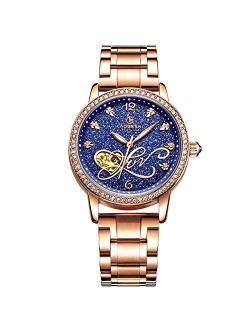 Women Automatic Mechanical Watch Shining Starry Sky Luminous Simulated Diamond Dial Stainless Steel Strap Ladies Wristwatches