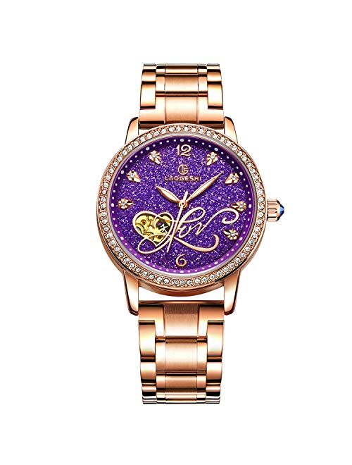 RORIOS Women Automatic Mechanical Watch Shining Starry Sky Luminous Simulated Diamond Dial Stainless Steel Strap Ladies Wristwatches