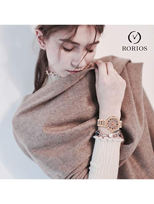 RORIOS Female Fashion Beautiful Starry Sky Dial Simulated Diamond Watch Analogue Quartz Stainless Steel Band Wrist Watch Waterproof