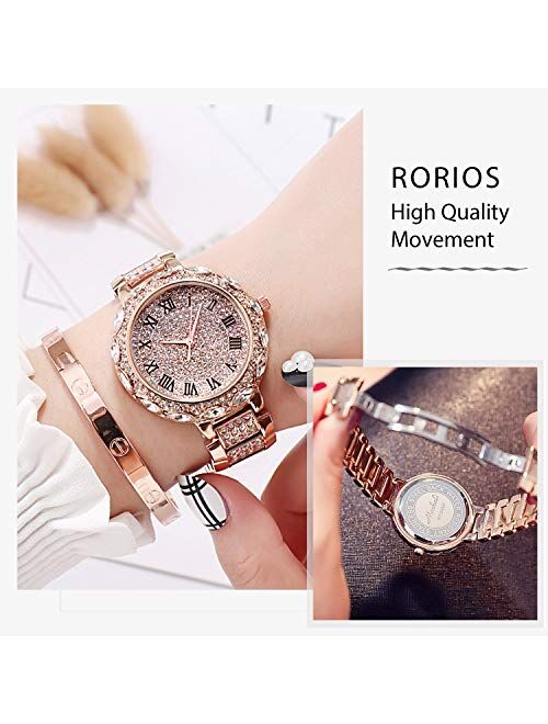 RORIOS Female Fashion Beautiful Starry Sky Dial Simulated Diamond Watch Analogue Quartz Stainless Steel Band Wrist Watch Waterproof