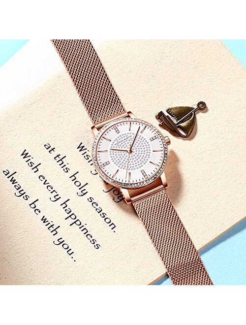 RORIOS Women Watch with Diamond Analogue Quartz Watches Dress Watch Shining Dial with Stainless Steel Mesh Strap Lady Watch