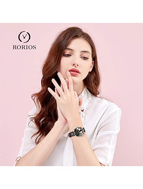 RORIOS Women Watch Beautiful Flower Dial Analogue Quartz Wristwatch Leather Band Ladies Watch